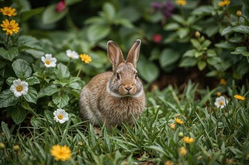 Fototapeta premium Tiny Bunny Among Greenery Outdoors