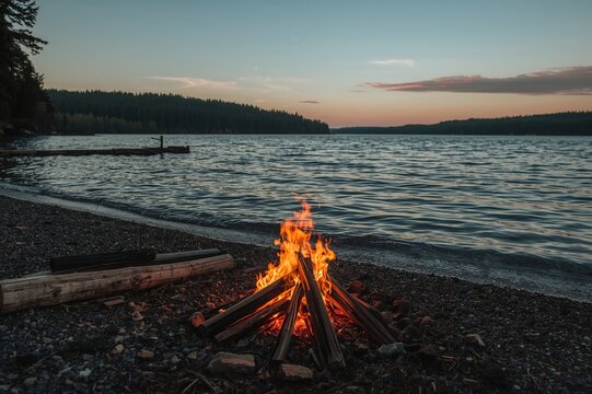 Tiny bonfire beside a lakeside