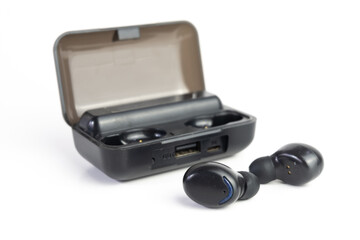 Wireless earbuds isolated on white background