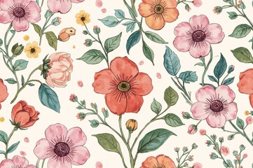 Hand-drawn floral pattern with vivid hues repeating endlessly