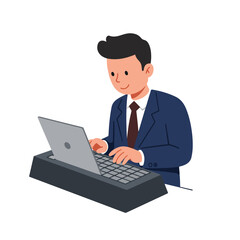 Man in Suit Typing on Laptop Keyboard in Office Environment, Focused Task