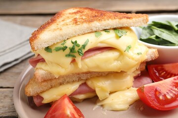 Delicious sandwiches with melted cheese, ham and tomatoes on table, closeup
