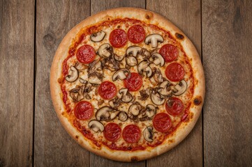 Homemade pepperoni pizza cut into slices on a rustic wooden surface