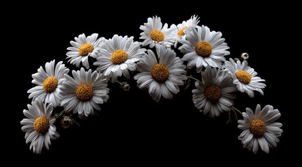 A cluster of white daisies, arching gracefully over a black background.  Soft focus.  Natural light.  Detailed petals.  Bright yellow centers