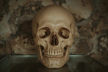 Human skull displayed within a historic ossuary tower