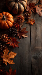 rustic autumn arrangement with pumpkins and pinecones