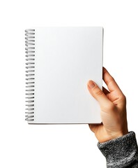 Obraz premium Hand holding a blank spiral notebook isolated on white background