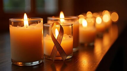 Warm glow of candles with a ribbon of hope for awareness and remembrance
