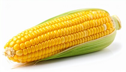 Fresh yellow corn cob with detailed kernels natural husk partly removed vibrant texture and organic healthy appearance isolated on white background
