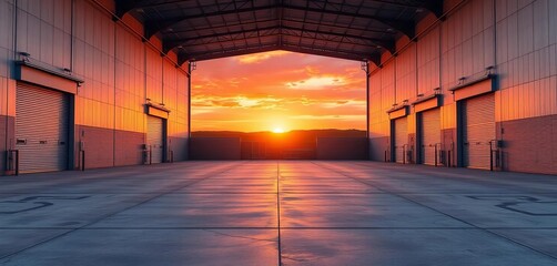 Sunset illuminates empty warehouse; large metal shutter doors, expansive paved area leading to horizon,  empty space,  exterior