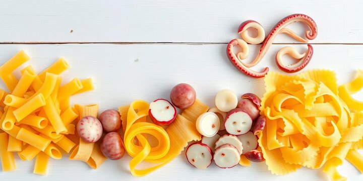 Variety of raw pasta shapes & squid arranged on white wood , seafood, protein - Powered by Adobe