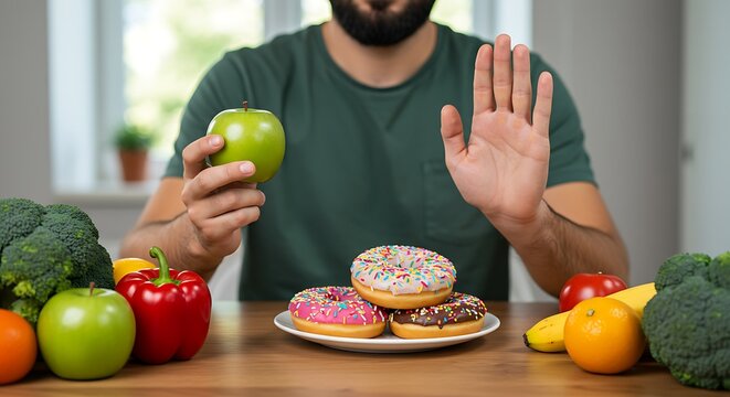 Man chooses healthy apple over sweet donuts, embracing a healthy lifestyle
