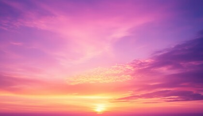Fototapeta premium Tranquil Evening Sky: Sun Cloudscape Panoramic With Rich Purple And Pink Tones Blending Into Orange At Horizon, Soft Wispy Cloud Formation Twilight Backdrop.