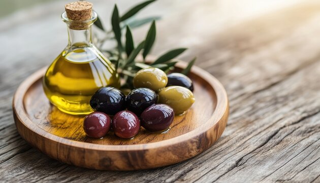 Various Types Of Olives Arranged On A Plate With Olive Oil Drizzled On Top, All Presented On A Wooden Surface