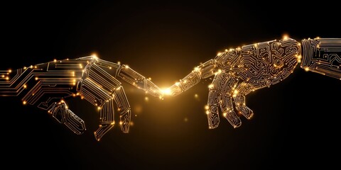 Two golden robotic hands touch, representing the connection of humanity and technology.  The hands, intricate with circuit-like patterns, are detailed with glowing, golden highlights