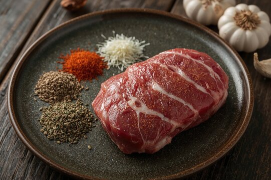 Raw neck meat served with various seasoned spices on a dish