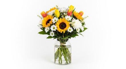 Flower bouquet – floral bouquet of sunflowers, tulips, and daisies in glass vase on white background