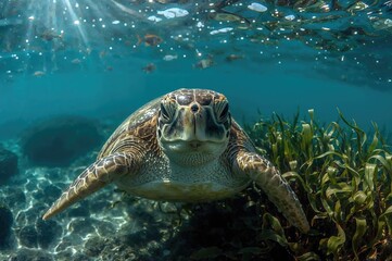 Obraz premium Underwater Sea Turtle Looking Directly at the Lens