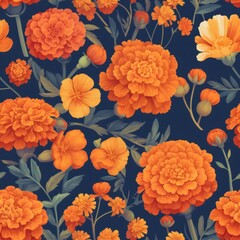 Orange marigold floral seamless pattern for Mexican holiday Day of the Dead. Traditional Cempasuchil flower design.