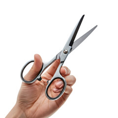 Hand Holding Silver Metal Scissors with Sharp Blades Against Transparent Background Tool for Cutting and Crafting Precision Close Up