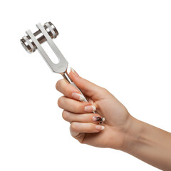 Fototapeta premium Hand Holding Silver Tuning Fork Tool for Medical Diagnosis and Treatment on Transparent Background