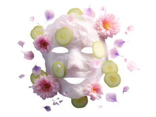 Facial sheet mask with cucumber slices and flowers on pink background isolated on a transparent background