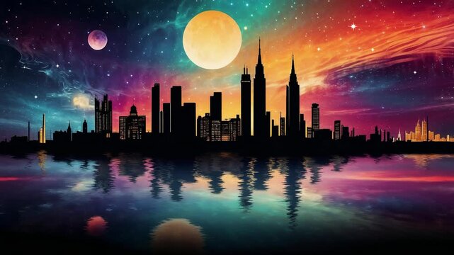 Looped animation of a night cityscape with a big moon in sky. Modern deeptown with high skyscrapers at night on the riverbank, based on AI illustration.