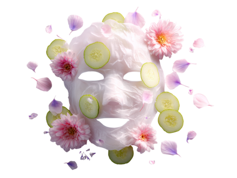 Facial sheet mask with cucumber slices and flowers on pink background isolated on a transparent background