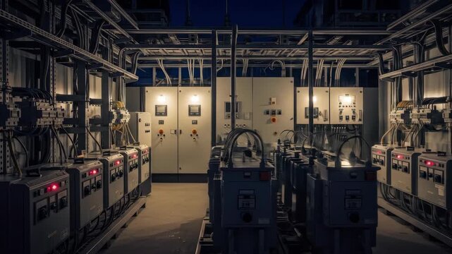 Electrical power room featuring rows of transformers and electrical panels, showcasing industry infrastructure with power, electricity, energy, and control.