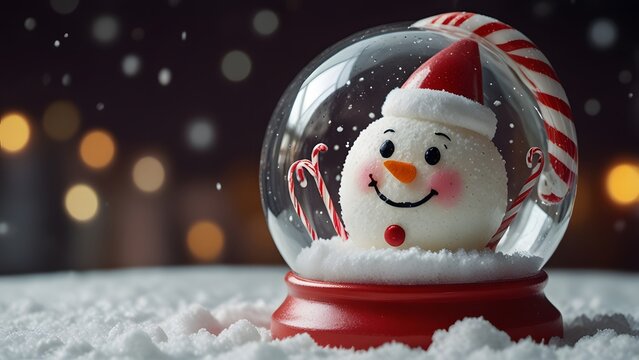 A magical Christmas snow globe with a cute snowman wearing a Santa hat inside, sitting in the snow with festive bokeh lights. Winter holiday concept