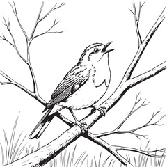 Bird singing on a branch with grass tree nature