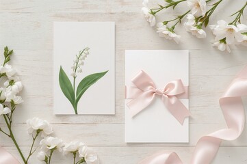 Mockup of a card collection featuring lily of the valley and ribbon for occasions like weddings and birthdays