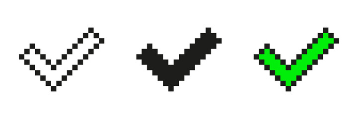Fototapeta premium Pixel Art Checkmark Icon Set. Approval And Confirmation Symbols In Pixelated Style. Includes White, Black, And Green Variations. Isolated Vector Illustration