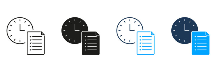 Clock And Checklist Line And Solid Icon Set. Time Management, Task Scheduling, And Productivity Planning Symbol Collection. Efficient Workflow And Organization. Isolated Vector Illustration