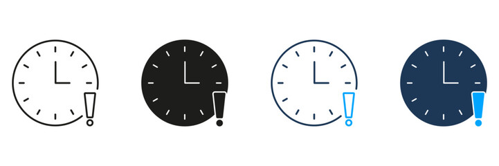 Clock With Exclamation Mark Line And Solid Icon Set. Time Management, Urgency, And Deadline Alert Symbol Collection. Reminder And Notification Concept. Isolated Vector Illustration