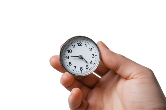 A human hand delicately holds a small, round clock face, isolated on a clean white background, ready for design.
