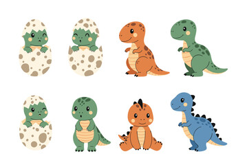Cute baby dinosaurs hatching from eggs and various dinosaur characters adorable prehistoric creatures