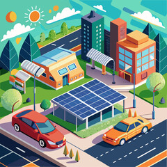 Naklejka premium Vector cartoon sustainable urban parking area with solar panels and electric cars