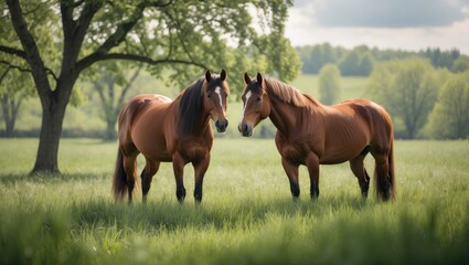 Fototapeta premium A pair of graceful horses roaming in a green pasture