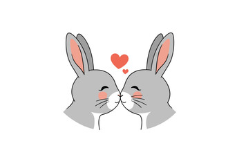 Fototapeta premium Two cute gray bunnies sharing a sweet romantic kiss under a lovely heart symbol