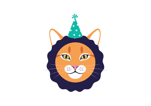 Cute anthropomorphic cat wearing a party hat and a lion mane costume celebrating a birthday party event
