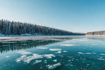 Winter scenery of a frozen turquoise lake surrounded by snow-covered forest