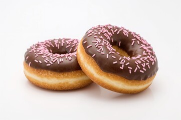 Two colorful donuts with chocolate and pink icing on a plain white surface
