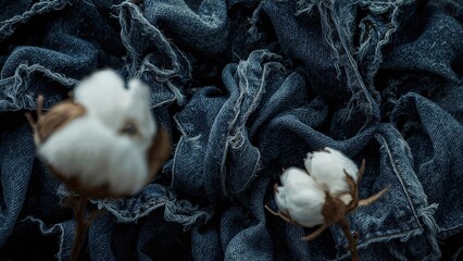 Close-up of various twisted denim pants with a cotton sprig beside them