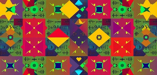 Colorful geometric shapes, mathematical symbols, and equations form a repeating pattern,  digital,  geometry