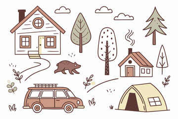 Fototapeta premium Hand drawn camping set with houses, forest trees, car, tent and bear