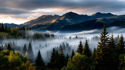 A tranquil autumn morning with fog covering golden frests and mountain peaks, lluminated by the soft glo of the rising sun.