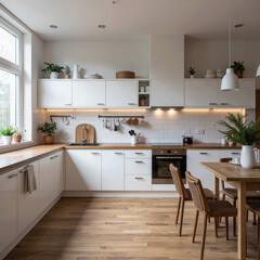 Fototapeta premium A bright and inviting Scandinavian-style kitchen with white cabinets, wood countertops, and modern accents, creating a warm, cozy, and functional family space. 