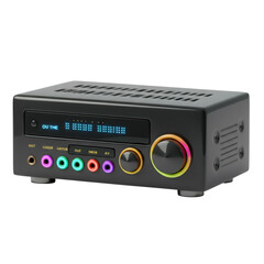 Fototapeta premium Stereo Audio Equipment Receiver with Multiple Inputs and Outputs with Glowing Colored Knobs and High Fidelity Sound on Transparent Background