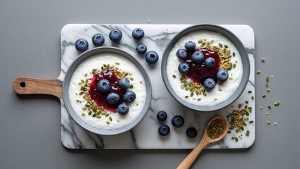 A pair of grey bowls holding simple white dairy Skyr with jam, blueberries, and hemp seeds, displayed on a marble slab with a grey background